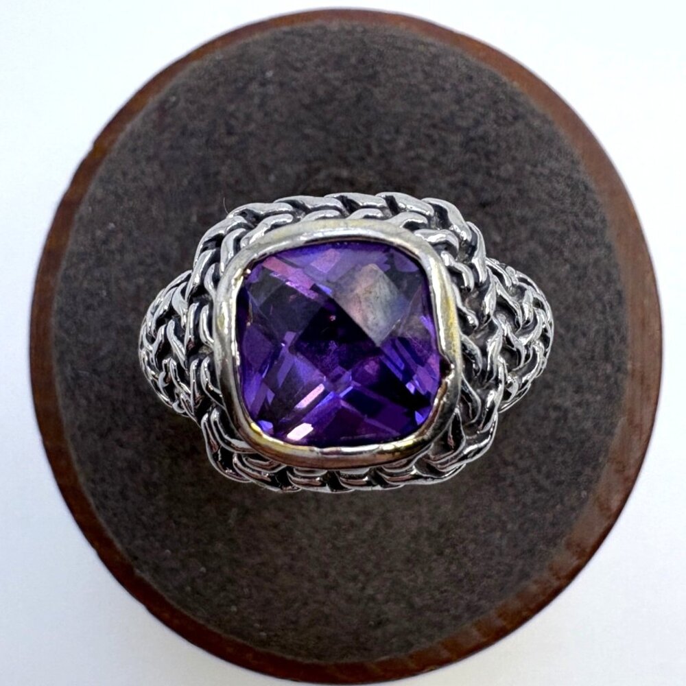 VTG Sterling Silver 925 Faceted Amethyst Bezel Set Statement Ring Size 8 Fit